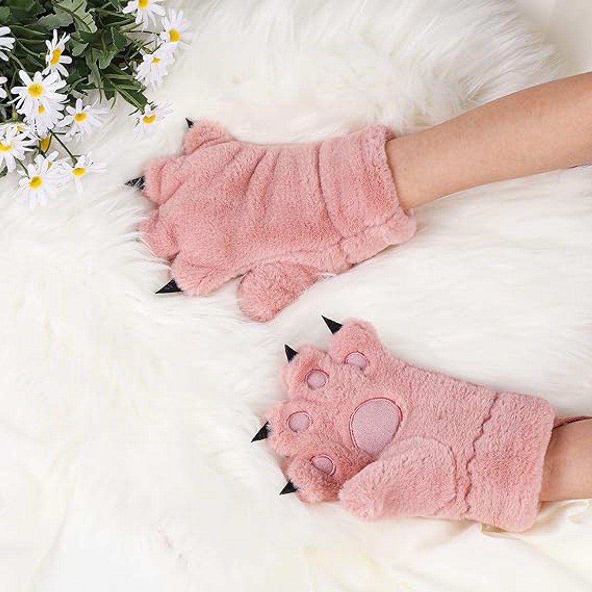 Gloves - 1 pair - Winter gloves - Cartoon gloves - Neckband - Children's gloves - Warm gloves - Plush gloves - One size(Pink) — image 3