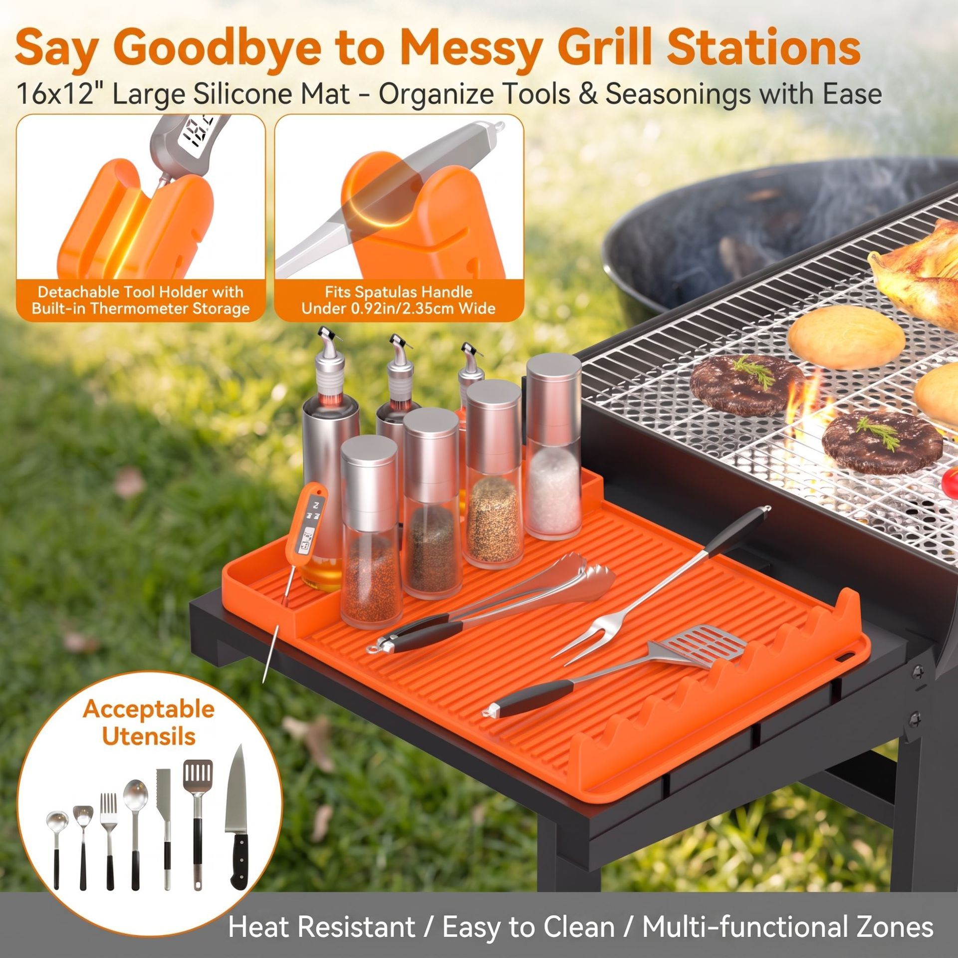 2 Pack Silicone Grill Tool Mat ,16 x 11.5 Inch Heat Resistant Non‑Slip BBQ Utensil Mat, Outdoor Cooking Camping Tailgating Accessories, Practical Father's Day — image 2