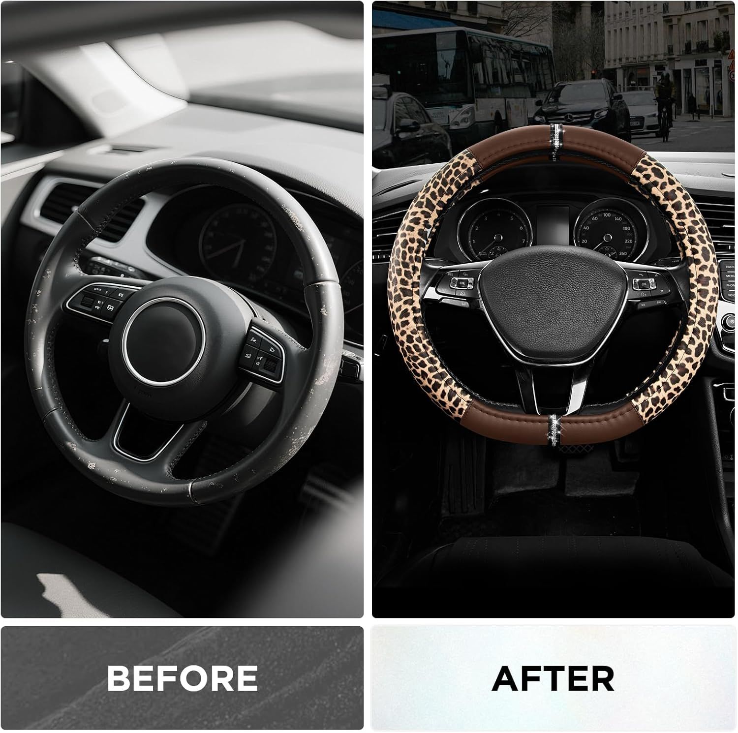 Leopard Steering Wheel Cover for Women, Cute Anti-Slip Microfiber Leather, Fits D Shape Flat Bottom Steering Wheel 14.5-15 Inch - Brown โ image 3