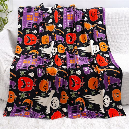 Glow in the Dark Flannel Blanket with Playful Hallowen Pumpkin (S142 / 150 x 200CM) - Versatile Soft Plush Magic Throw Blanket, Durable High Density Woven &