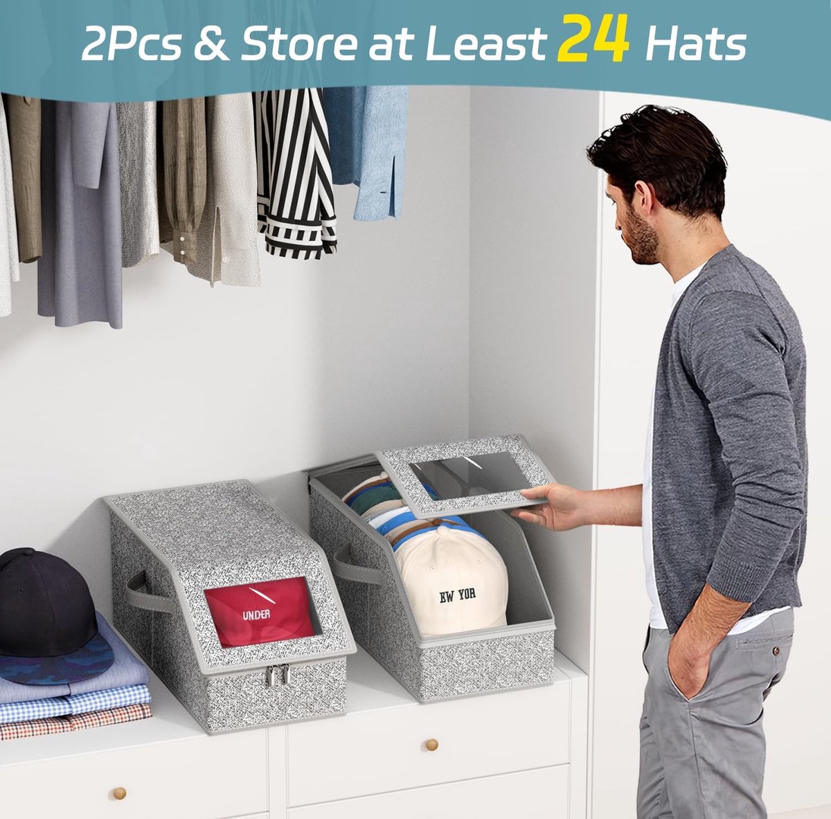 2-Pack Storage Boxes for Caps - Storage Solution for Up to 24 Baseball Caps - Stackable 2-in-1 Hat Box — image 3