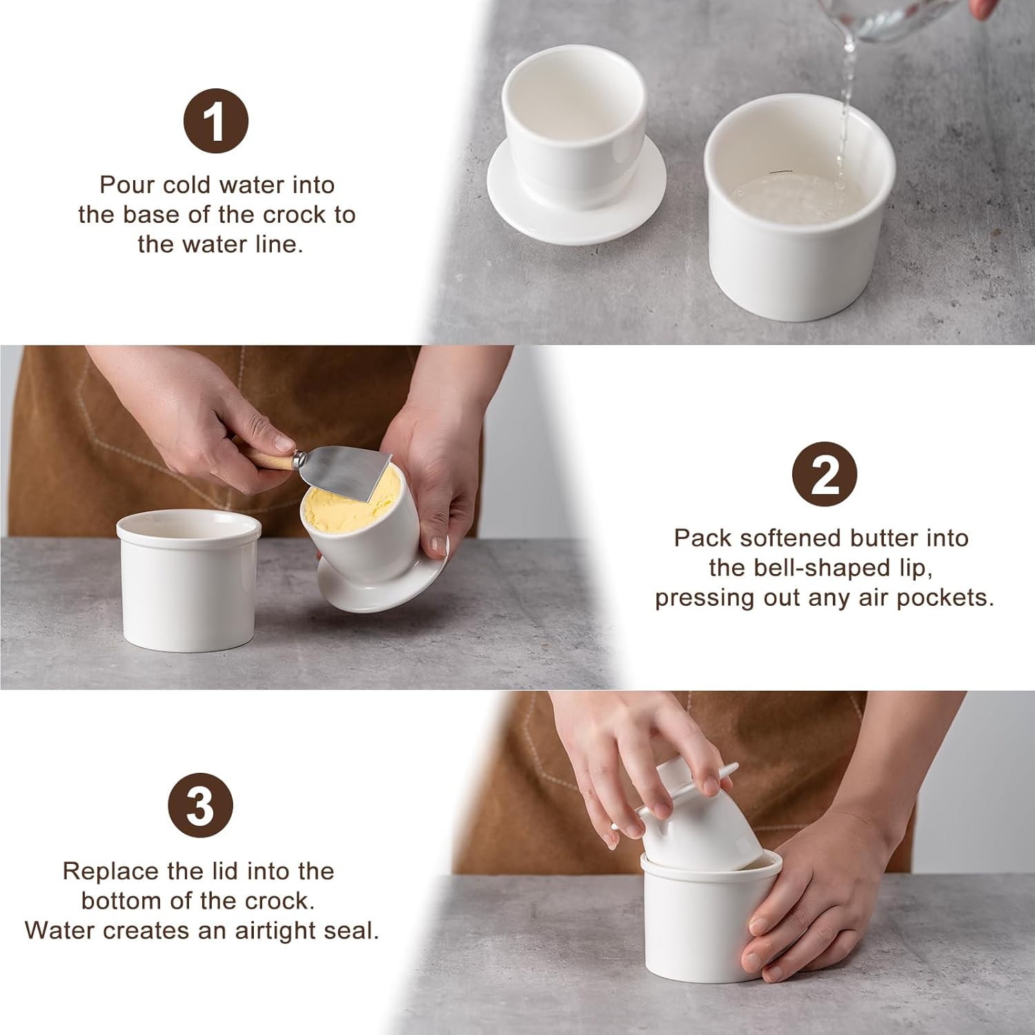 Butter Crock With Water Line for Countertop, French Dish With Lid, Ceramic Keeper for Fresh Spreadable Butter, Container Holder for Kitchen and Home Decor — image 6