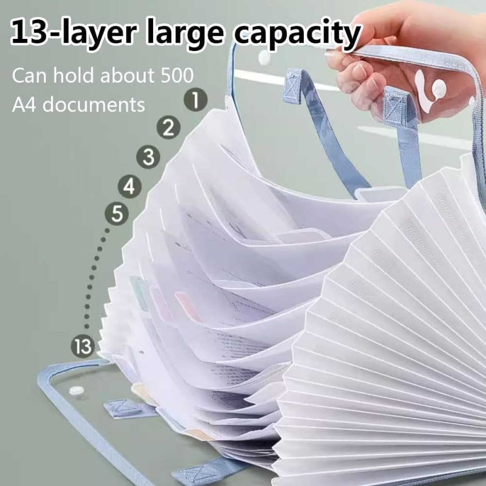 13 Compartments A4 Document Folder, Transparent Waterproof with Snaps, for School and Home, compatible with A4, Green — image 2