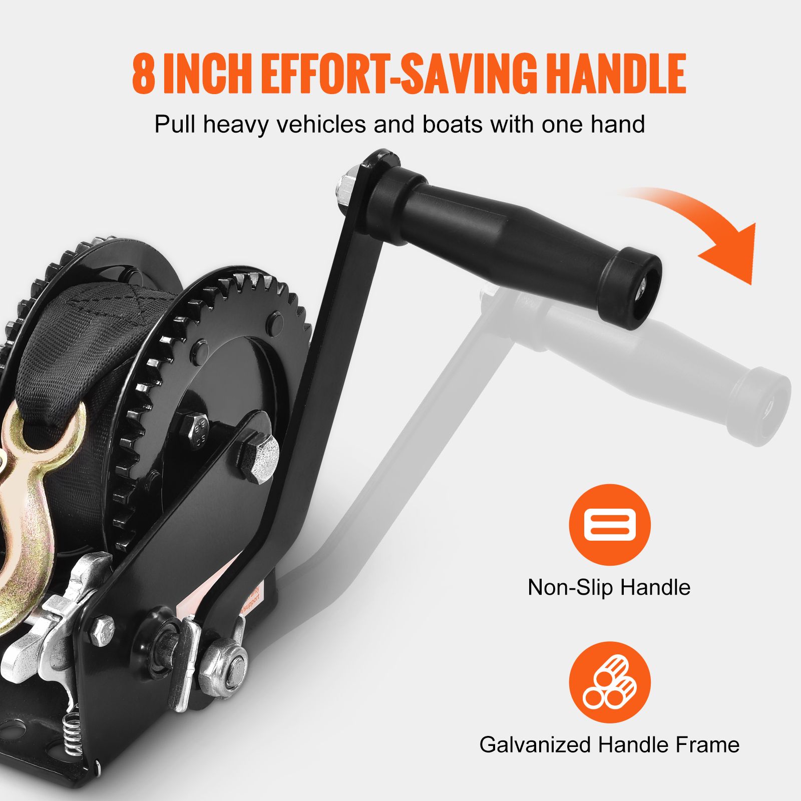 Hand Winch, 907.1 kg Pulling Capacity, Boat Trailer Winch Heavy Duty Rope Crank with 7 m Polyester Strap and Two-Way Ratchet, Manual Operated Hand Crank Winch โ image 5