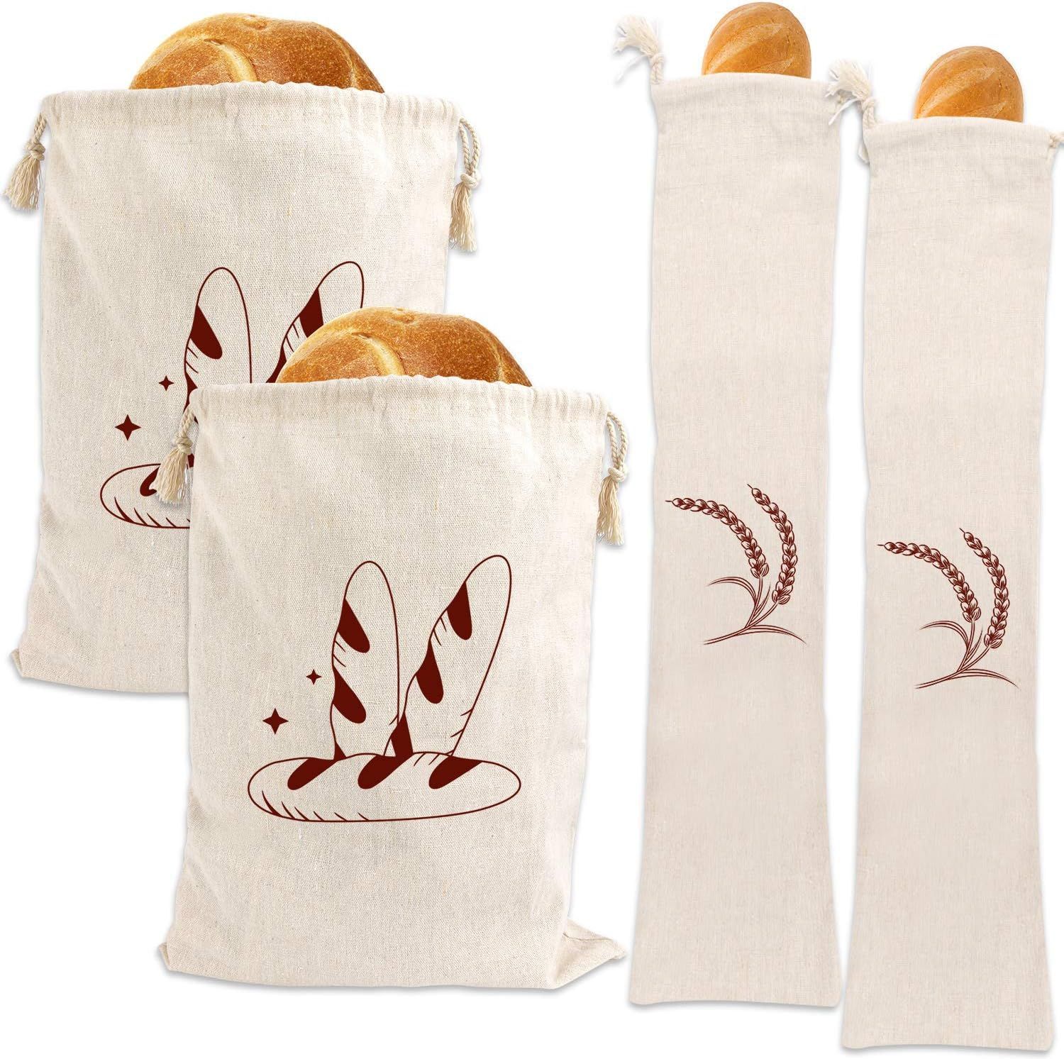 Bread Bag | Pack of 4 - Reusable Bread Bags - Drawstring Bread Bags - Storage Bags - Washable Fabric Bread Bags - Breathable Cotton - For Homemade Bread