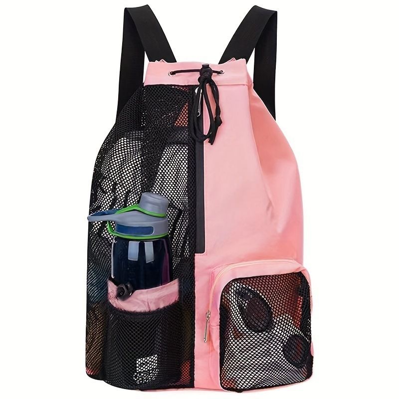 Mesh Drawstring Swim Bag - Large Capacity 20-35L Beach Backpack with Wet Pocket - Breathable Sports Sack for Gym Swimming Travel - Pink