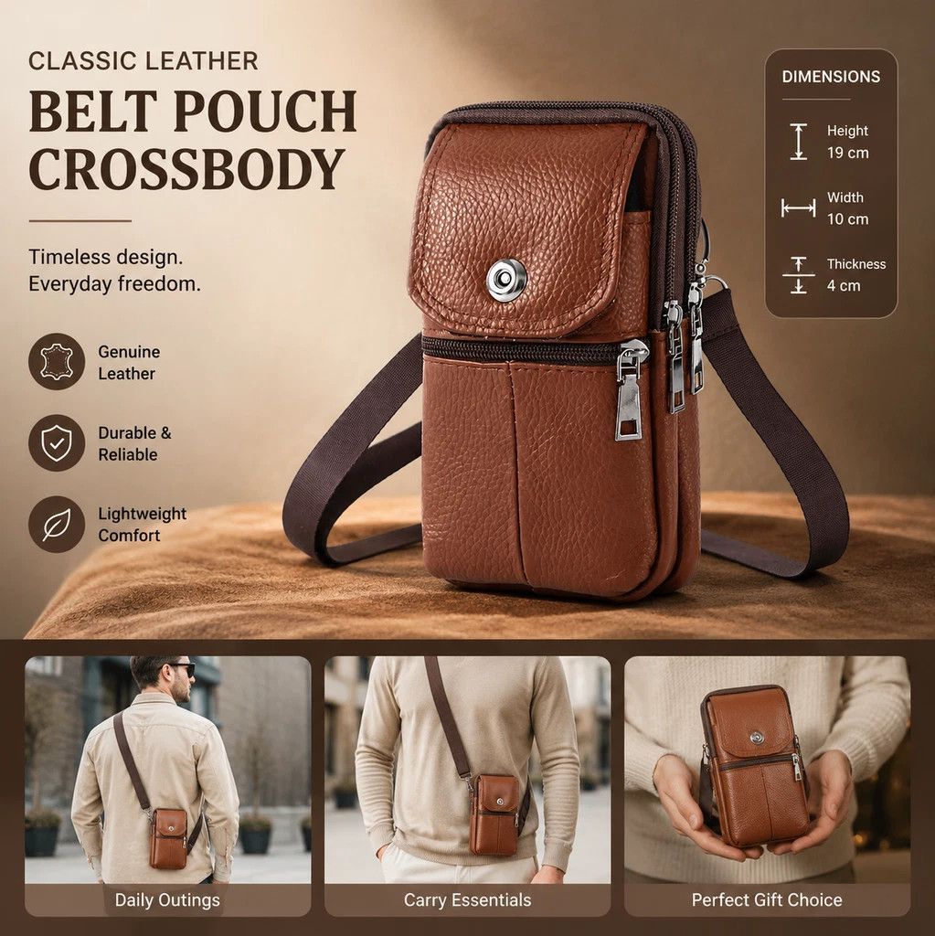 Timeless Leather Belt Mount Phone Holder, Daily Work Crossbody Carry Bag For Fathers, Light Tan — image 3
