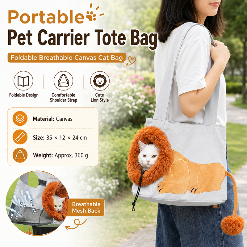 Lion Style Canvas Pet Carrier Grey Bag(small size 35*12*24cm) - Adjustable Head Opening, Breathable Mesh, 8cm Wide Shoulder Strap, PE Support Base, Portable — image 2