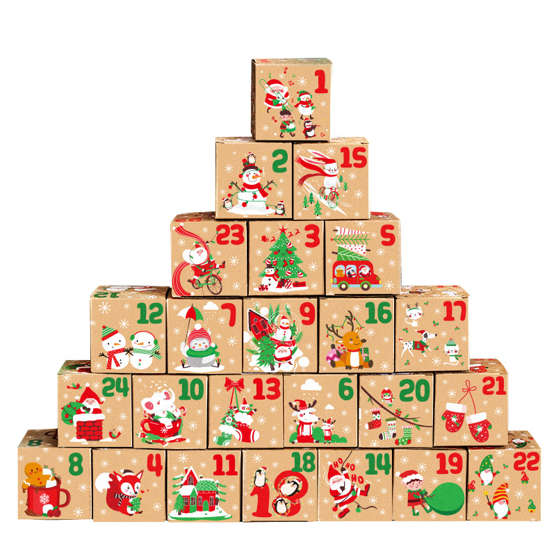 Christmas Box – Candy Boxes – 24 Piece Advent Calendar Gift Box Set – 7 × 7 cm Paper Countdown Boxes with Santa Claus & Snowman Designs – Perfect for