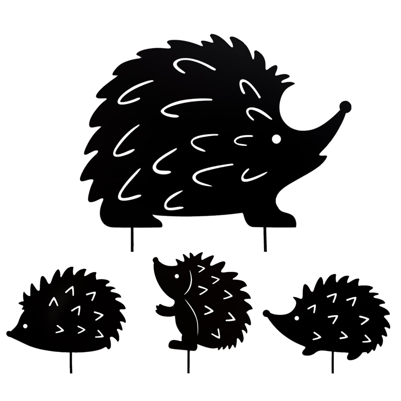 Hedgehog Decorations Outdoor Garden Stake Metal Hedgehog Decorative Garden Stakes, Yard Decor Art Lawn, Black Set of 4