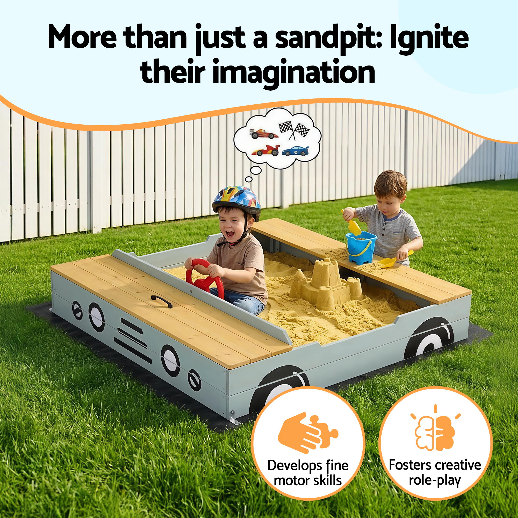Keezi Wooden Car Sandpit Kids Sandbox Outdoor Play Toy w/ Storage Ground Sheet 120cm — image 6