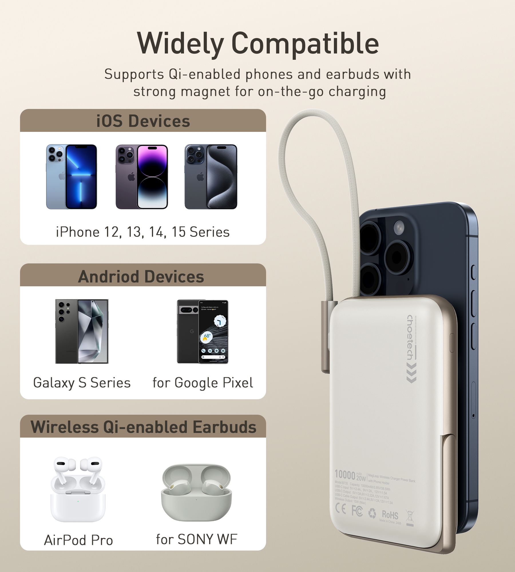 CHOETECH B735-WH 10000mAh 20W MagLeap Wireless Power Bank White with Phone Holder and Build-in Cable — image 4