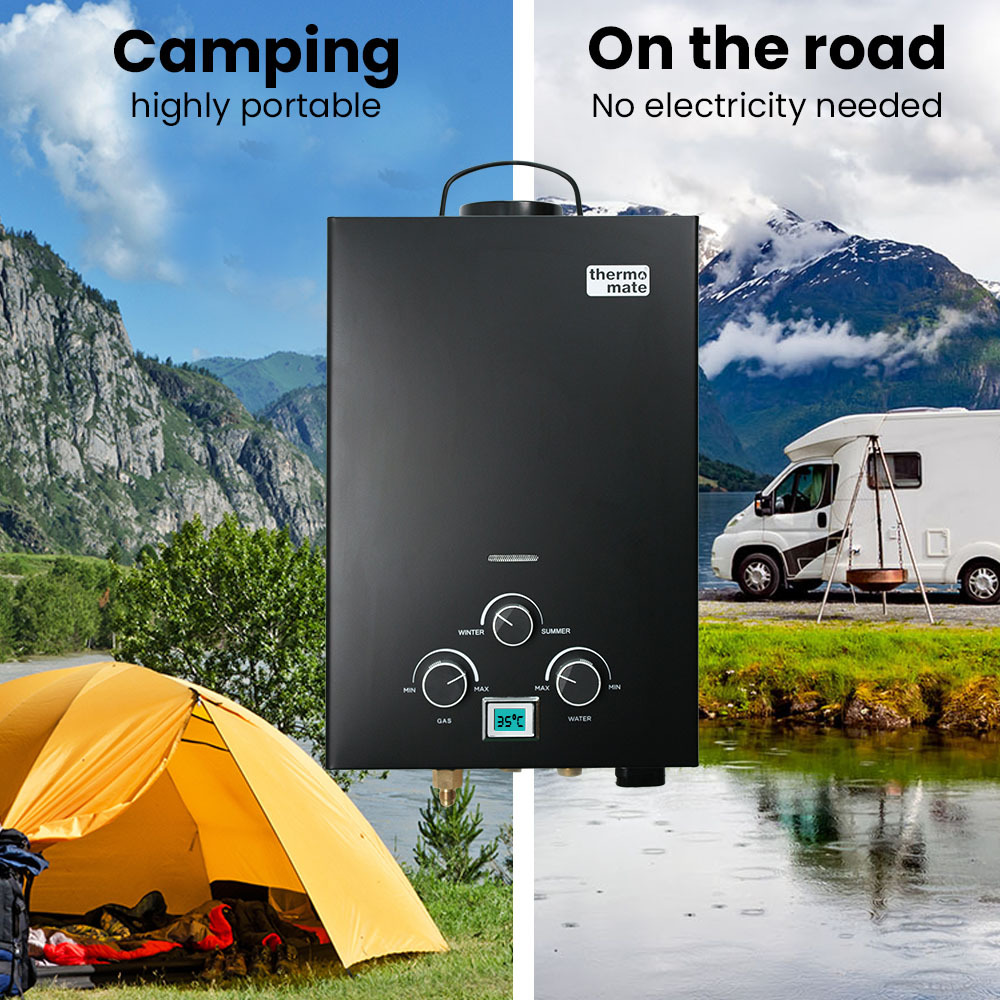 Thermomate Portable Gas Outdoor Camping Hot Water Heater System, with 12V Pump, Shower Head, Black — image 3