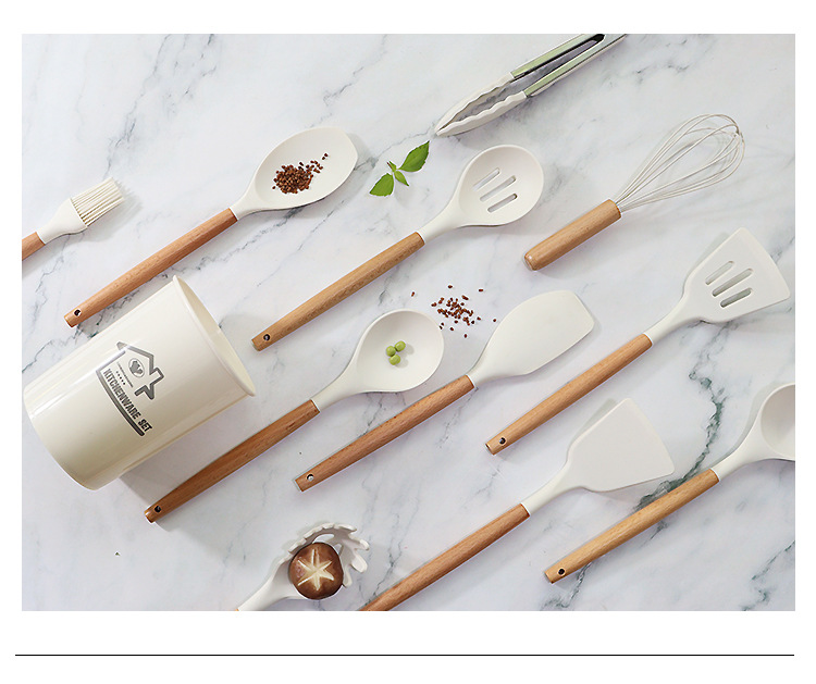 Black 11-Piece Silicone Kitchen Utensil Set with Wooden Handles and Storage Bucket - Heat Resistant and Non-Stick โ image 5