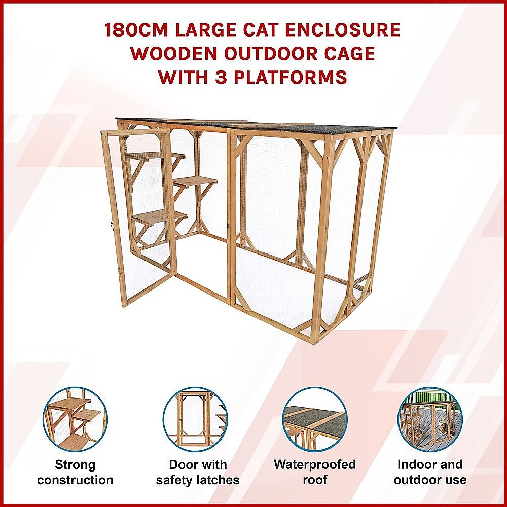 180cm Large Wooden Cat Enclosure Outdoor Cat Cage with 3 Platforms & Weatherproof Roof โ image 6