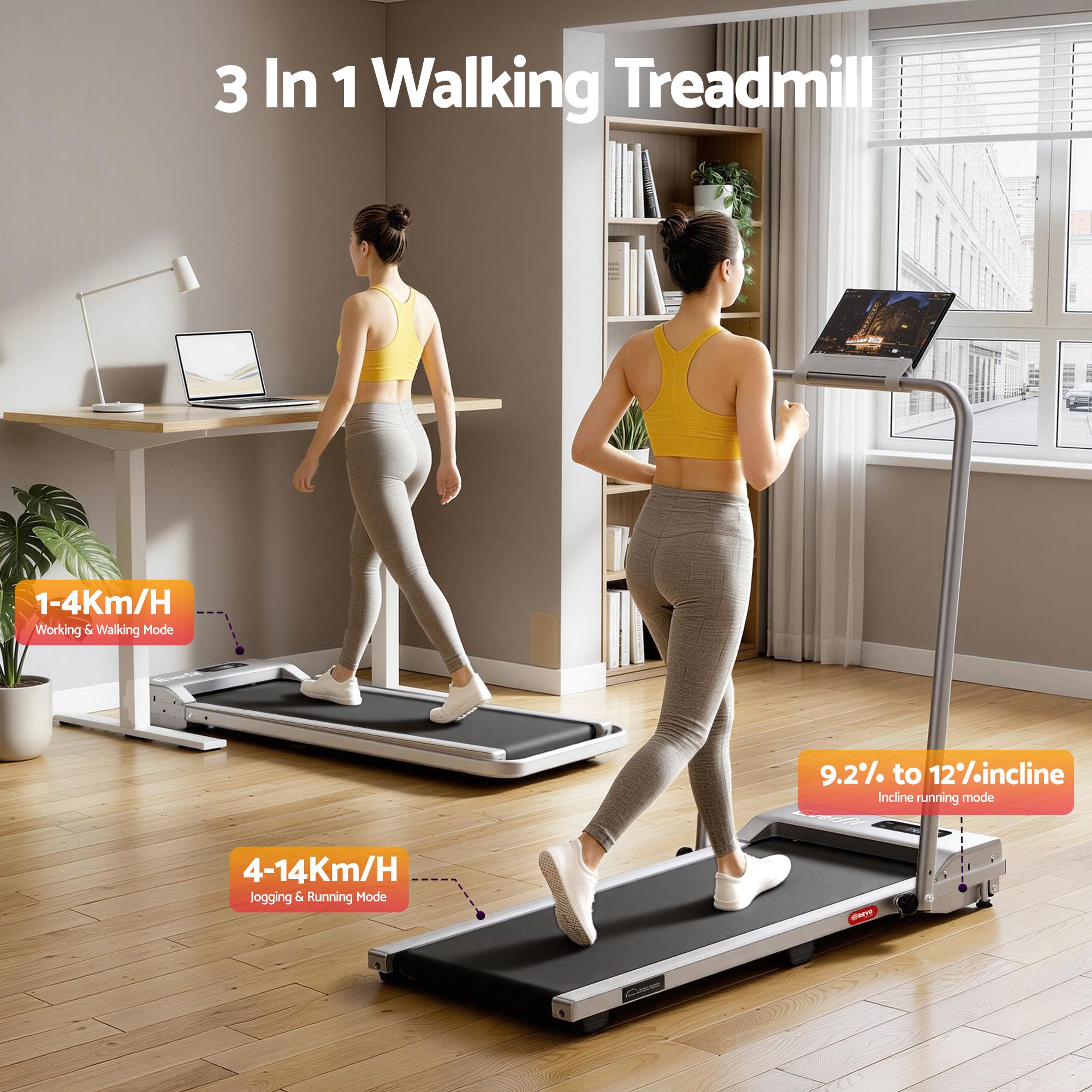 Everfit 3 in 1 Walking Pad Treadmill 12% Incline Foldable Under Desk Treadmills for Home Gym With 38cm Wide Belt Silver — image 3