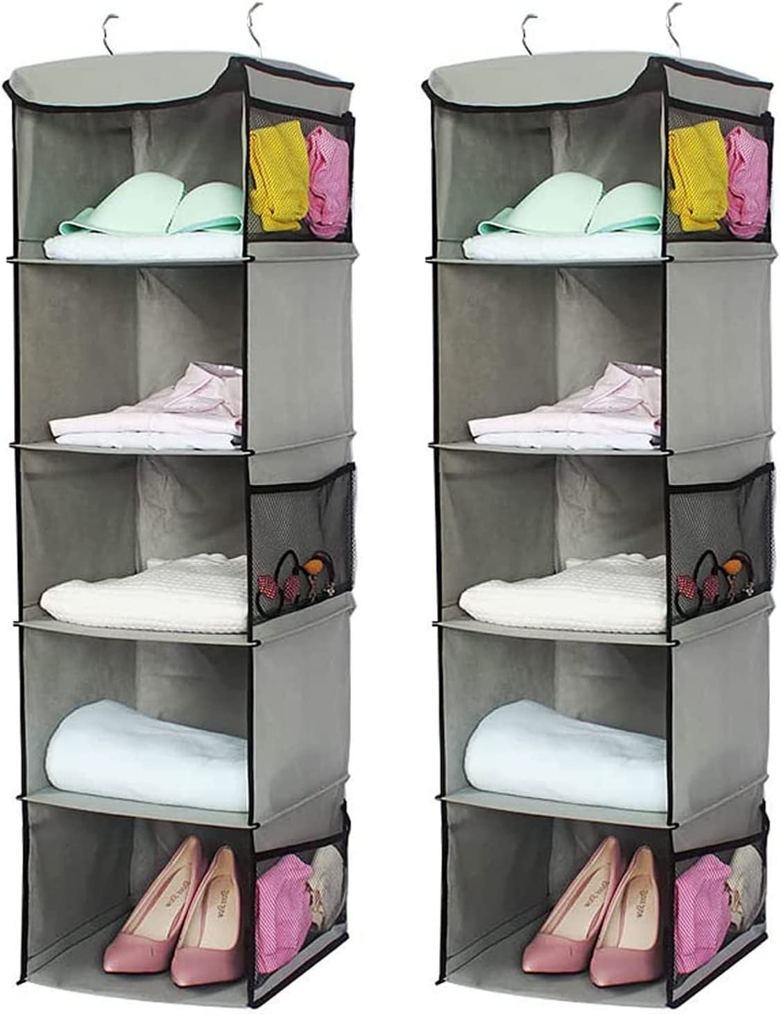 2 Pack 5 Foldable Shelf Hanging Closet Organizer Space Saver with Side Accessories Pockets for Clothes Storage — image 5