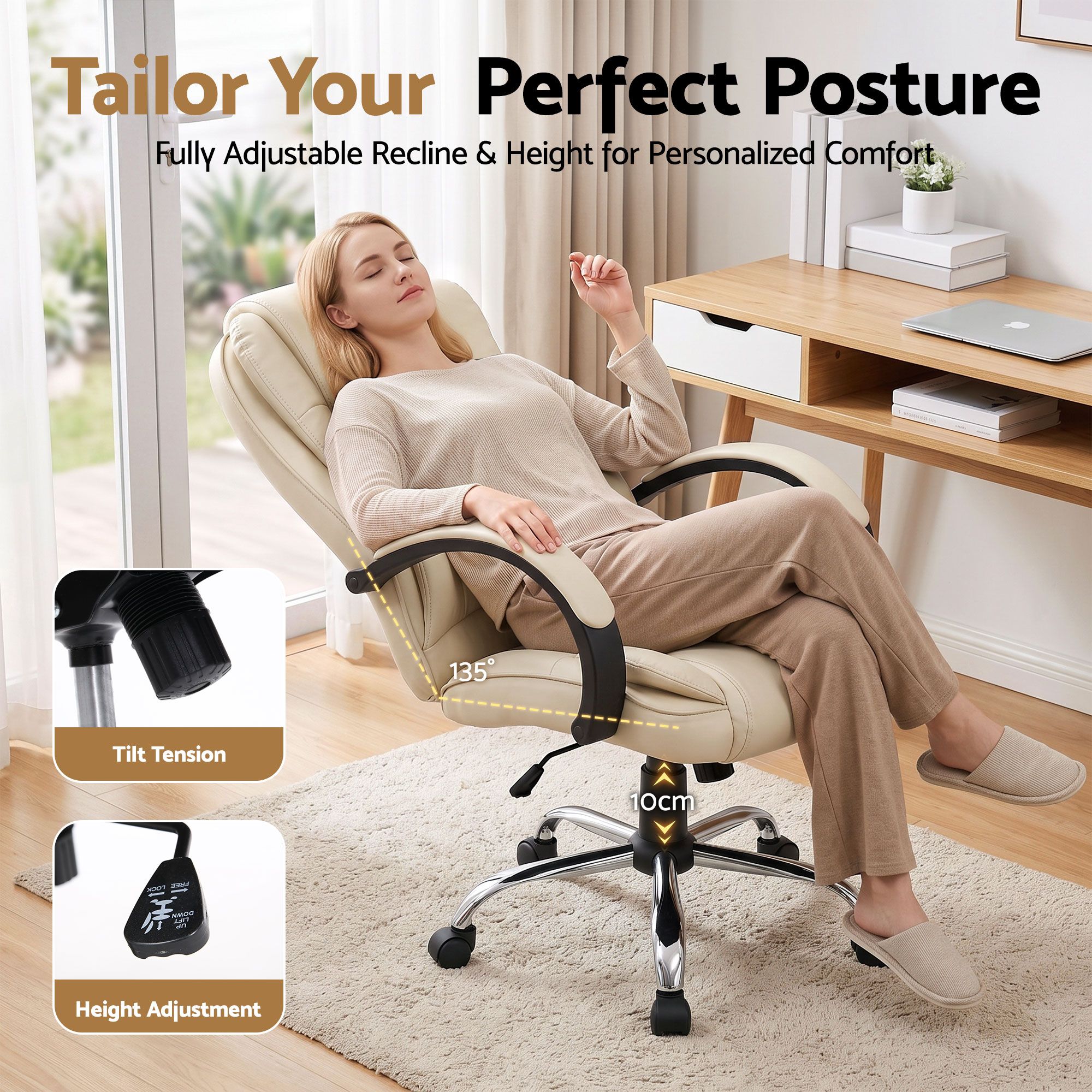 Artiss Executive Office Chair Leather Tilt Beige โ image 4