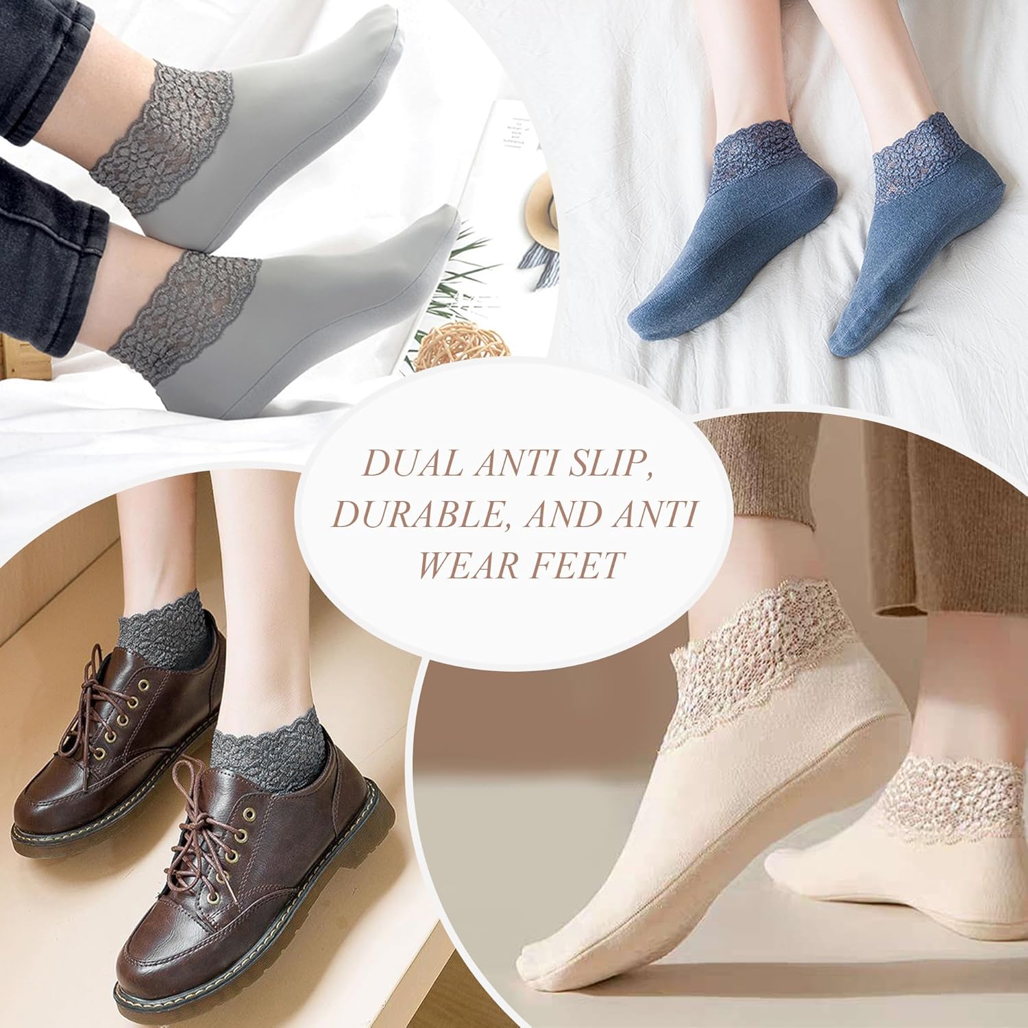 3Pairs Lace Socks No Show Frilly Ankle Knit Cotton Non Slip Low Cut for Women Floor Beige One Size — image 4