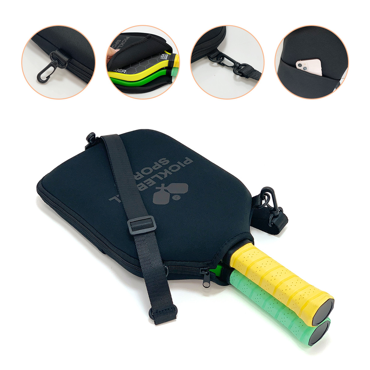 SA01 Black Neoprene Pickleball Paddle Cover (racket not included) - Protective Crossbody Bag with Adjustable Shoulder Strap and Fence Hook - Universal โ image 5