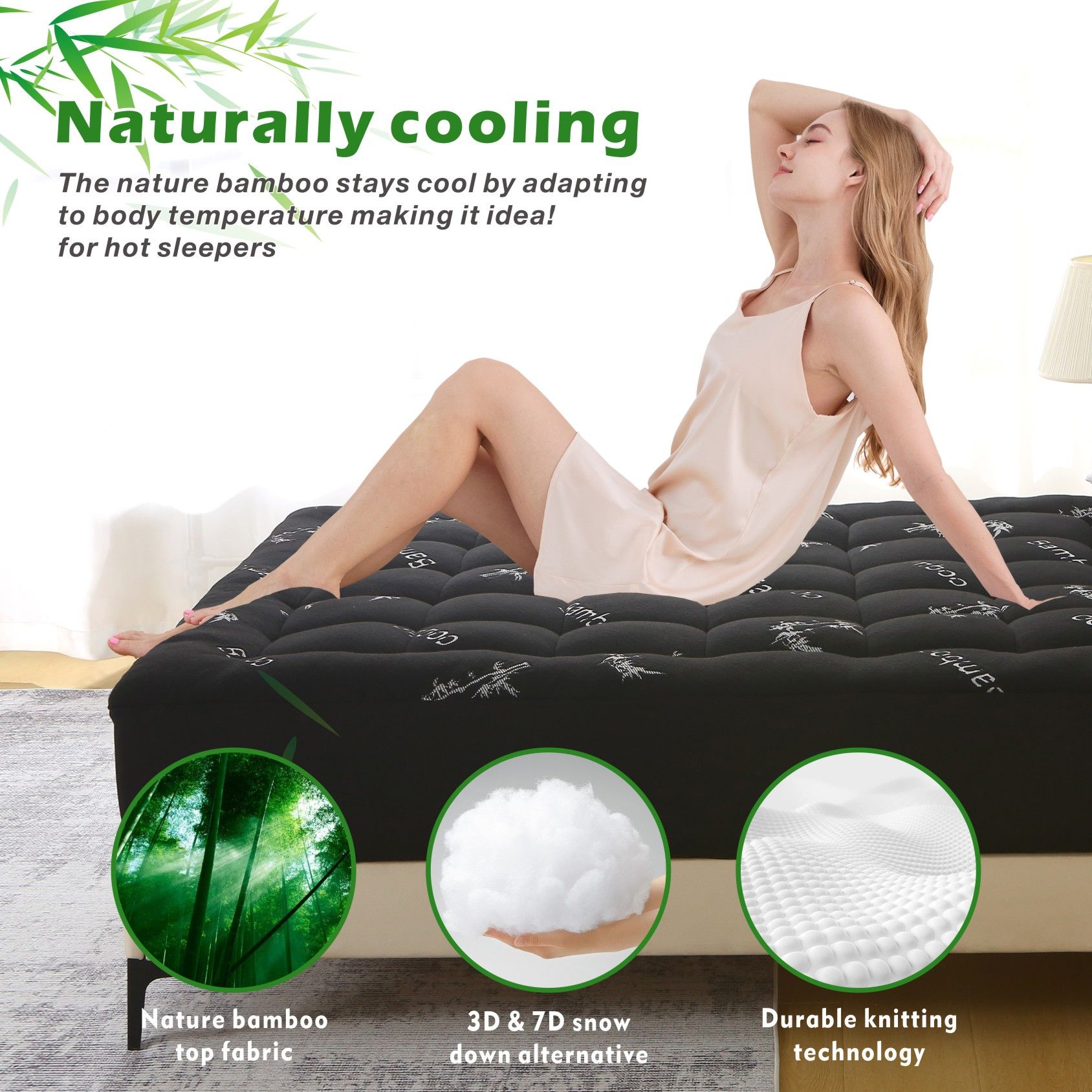 800GSM Mattress Topper Viscose Derived from Bamboo, Thick Pillowtop Fitted Mattress Cover with 45cm Deep Skirt - Machine Washable Hypoallergenic(King,Black) β image 3