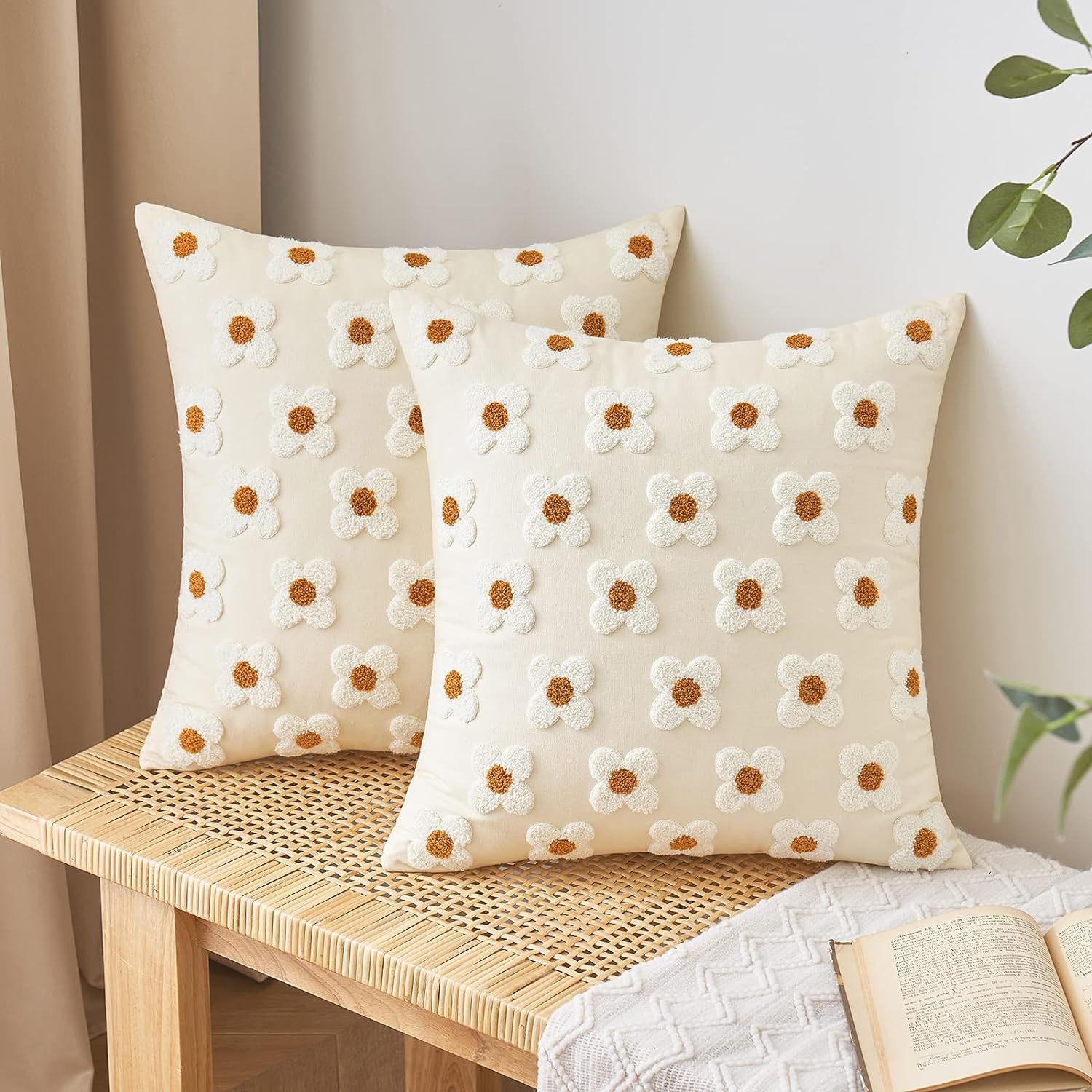 Beige and Khaki Charming 3D Daisy Embroidered Canvas Cushion Covers - Set of 2, 45 × 45cm Soft Textured Decorative Pillowcases