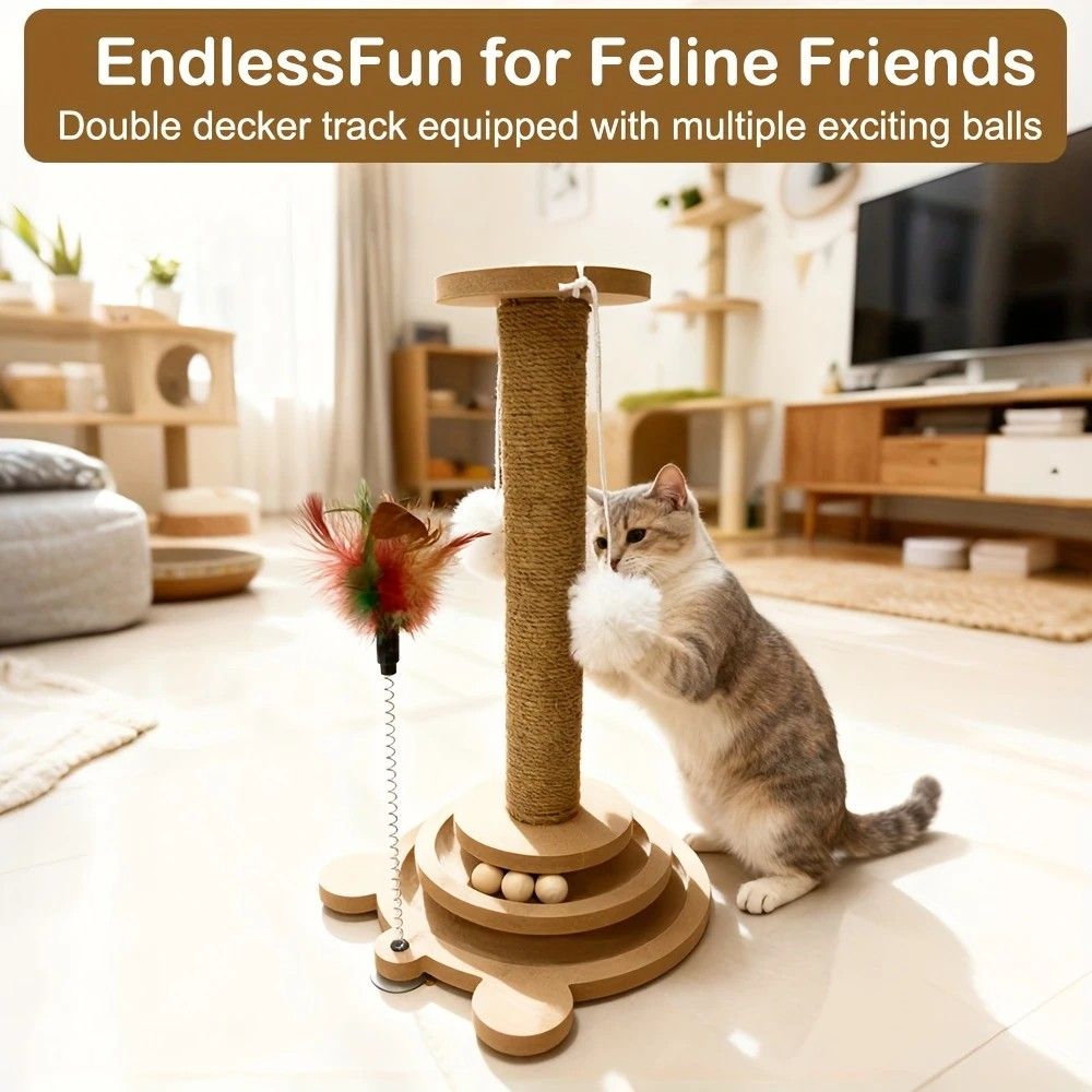Bestselling Interactive Cat Scratching Post | Sisal Scratching Board + Rotating Ball Track + Feather Toy, Multi-functional Cat Tower for Solo Play and Stress โ image 3