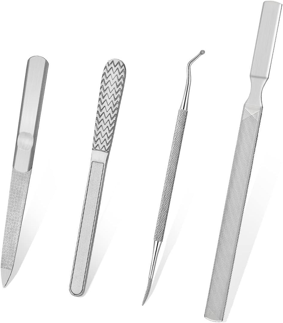 4 Piece Stainless Steel Nail Care Kit, Reusable Nail Files and Nail Lifters with Non Slip Handles for Callus and Dead Skin Removal