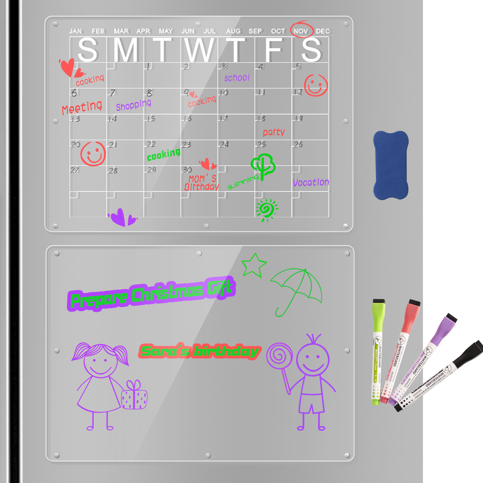 Magnetic Acrylic Fridge Calendar & Memo Board Set - Dry Erase Planner with Markers & Eraser(40*30cm 3mm) โ image 5