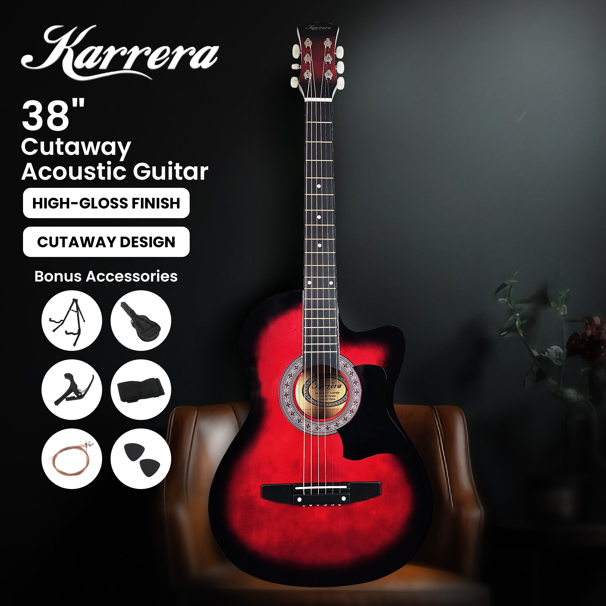 Karrera 38in Pro Cutaway Acoustic Guitar with guitar bag - Red Burst โ image 3