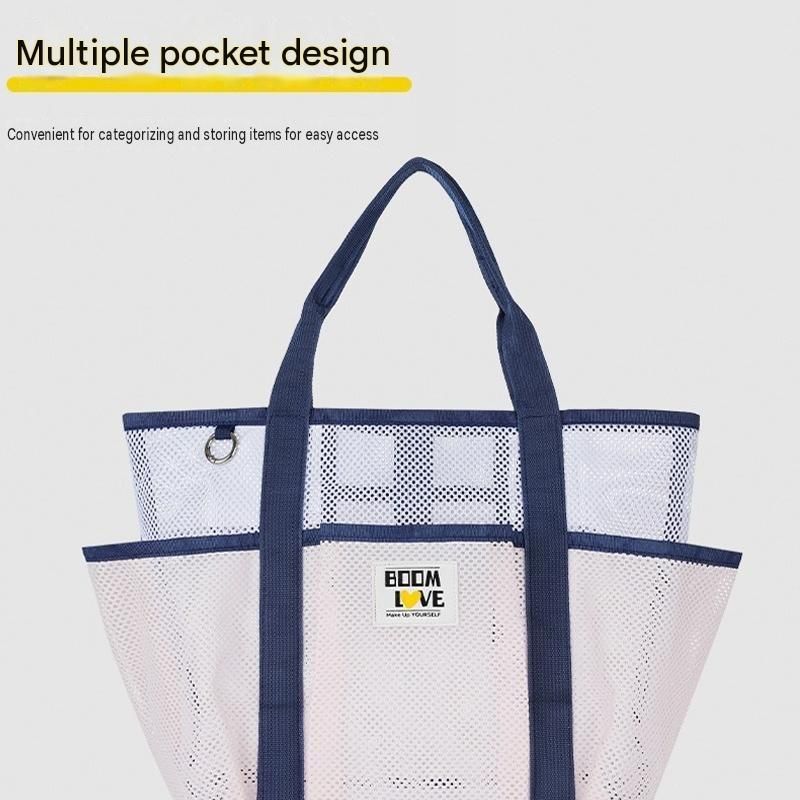 Black-White Large Capacity Mesh Beach Tote Bag - Breathable Polyester Swim Bag with Multi-Pocket Storage, Quick-Dry Design for Travel, Gym, and Poolside Use — image 3