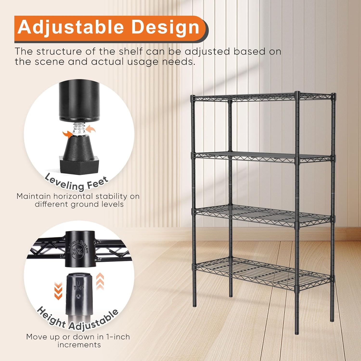 CARLA HOME 4-Tier Adjustable Metal Storage Shelves Wire Rack Organizer for Kitchen, Pantry, Bathroom or Laundry Room (60cm W x 40cm D x 140cm H) — image 5