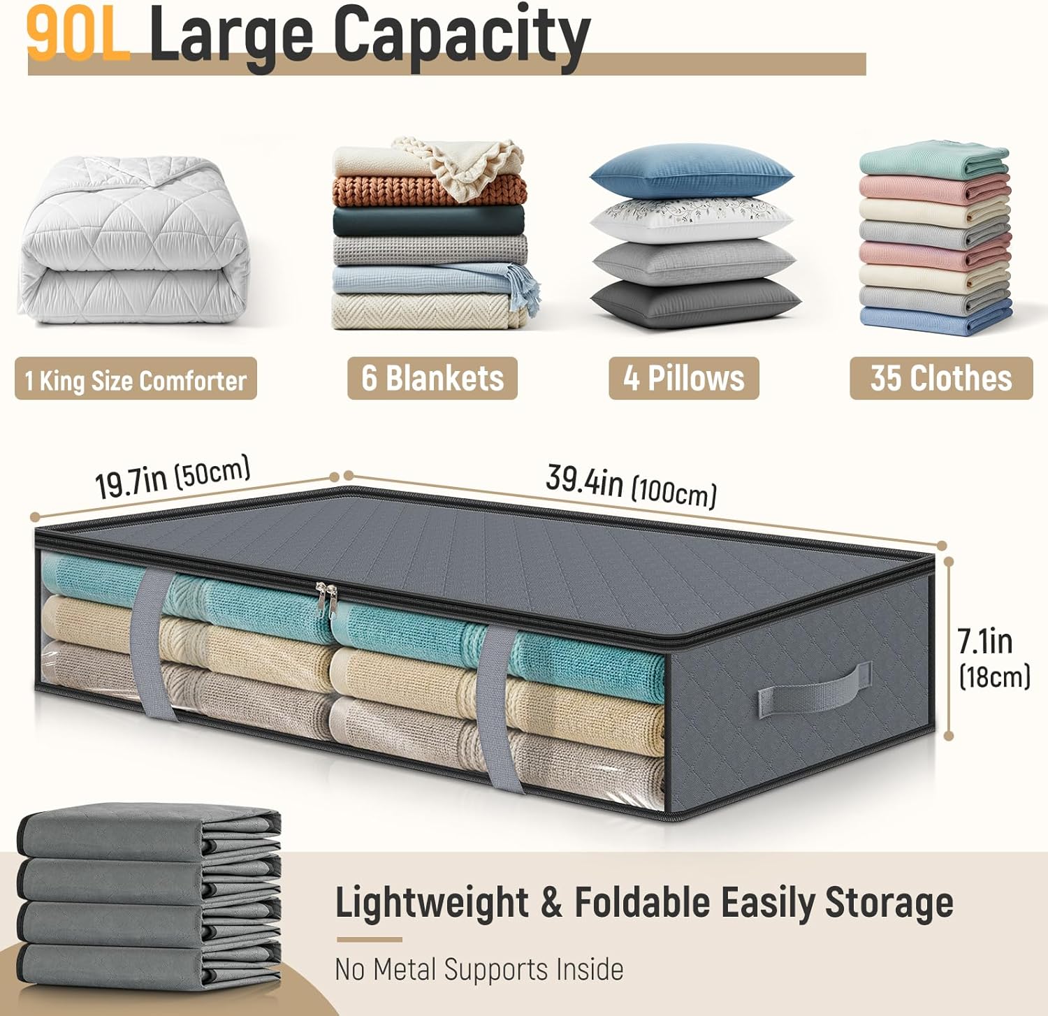 4 Pack 90L Under Bed Storage Containers - Underbed for Clothes, Blankets Closet Organizers and Bags the Bins with Handles & Clear Front — image 3