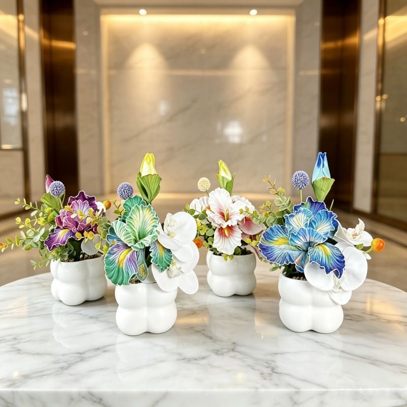 Simulated iris potted plant, floral artistry vibrant and colorful, pumpkin planter round and versatile, no maintenance ready to display upon opening, brightens โ image 2