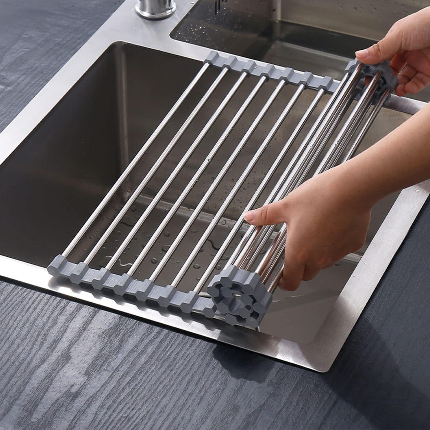 Roll-Up Dish Drying Rack, Stainless Steel Sink Drainer Mat for Dishes, Fruit and Vegetables over Kitchen Sinks, Grey, 43 × 35 cm