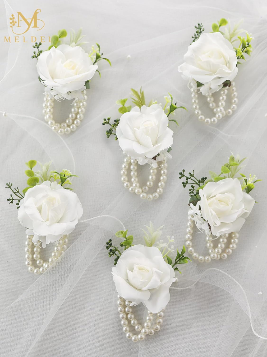 White Ivory Rose Wrist Corsage, Set of 6, Wedding Bridal Flower Corsage Hand Decor for Prom Party Homecoming, Wristband Flowers Bride, Bridesmaid, Girl — image 5