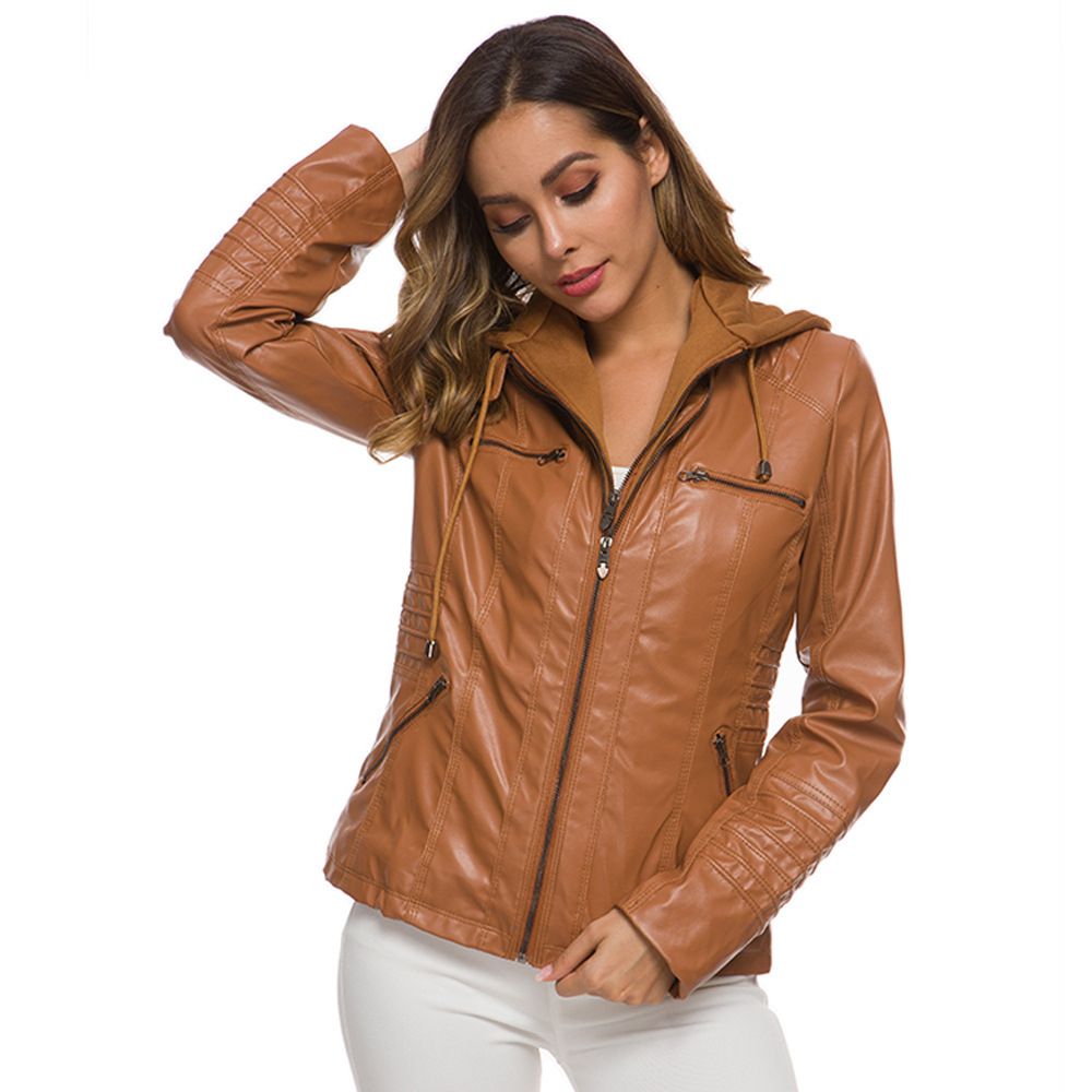 Women PU Leather Jacket Solid Zipper Hooded Streetwear Coffee 7XL โ image 4