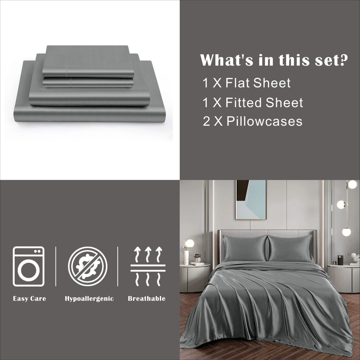 Art Silk Satin Sheet Set Hotel 4 Pieces Fitted/Flat Sheet Bedding Set-Luxury Soft Silky Sheets for Hair and Skin, Similar to Silk Bed Sheets Set 4 — image 6