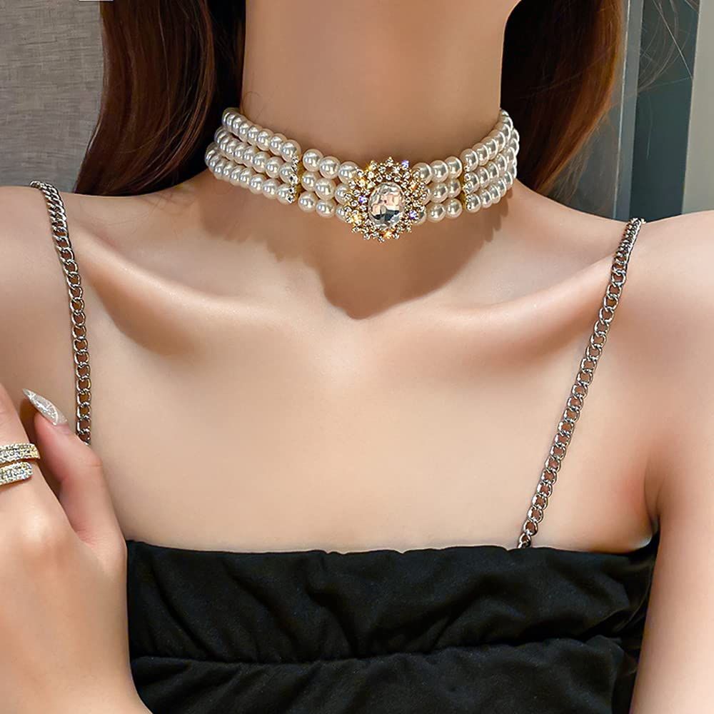 Pearls Short Choker Necklace Chain Multilayer Choker Pendant Necklaces Prom Party for Women and Girls 3 Tier — image 2