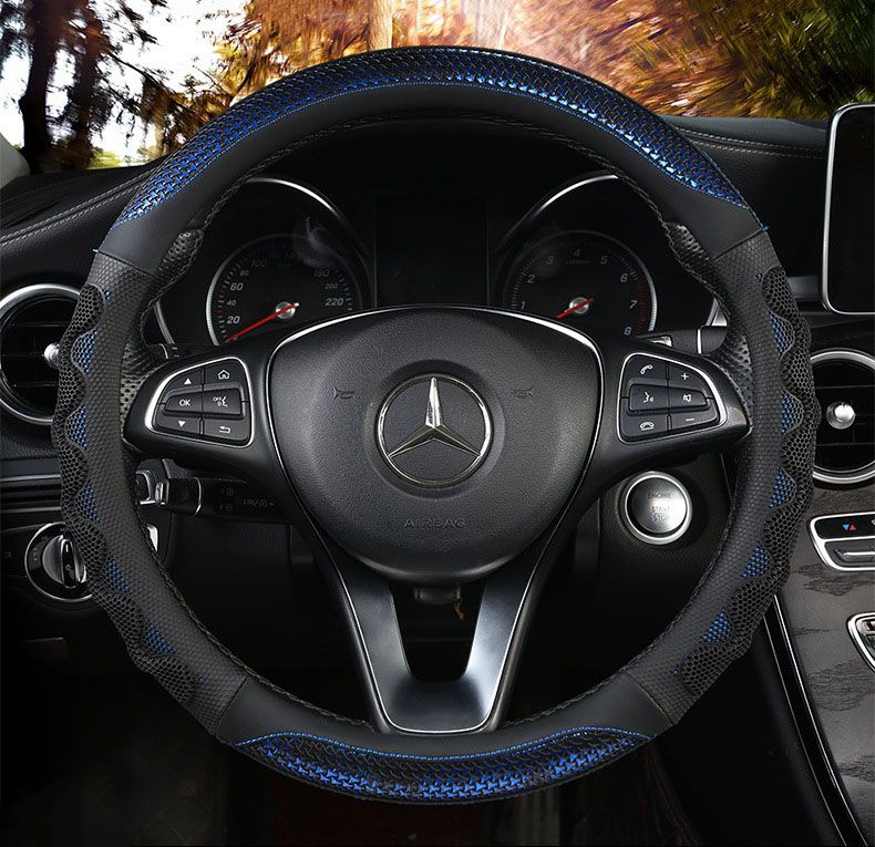 Car Steering Wheel Cover (38cm)- 3D Honeycomb Breathable Mesh - Anti-Slip Sweat-Absorbent Grip for All-Season Driving, Black and Blue โ image 3