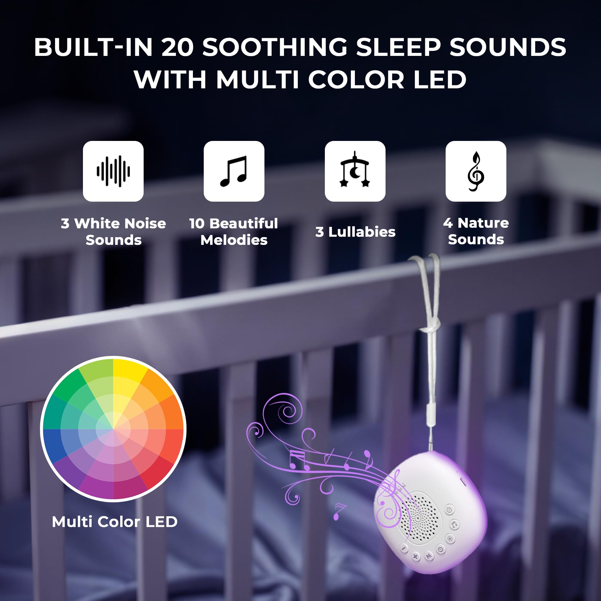 Portable White Noise Machine with 20 Soothing Sounds & RGB LED Night Light – Compact Sleep Sound Device for Babies, Adults & Travel — image 3