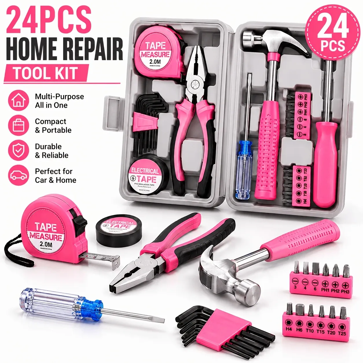 24-Piece Premium Carbon Steel Tool Set: High-End Pink Design, Rust-Resistant & Durable, Ergonomic Grip, Portable Storage, Practical for Home Repairs & Gifting