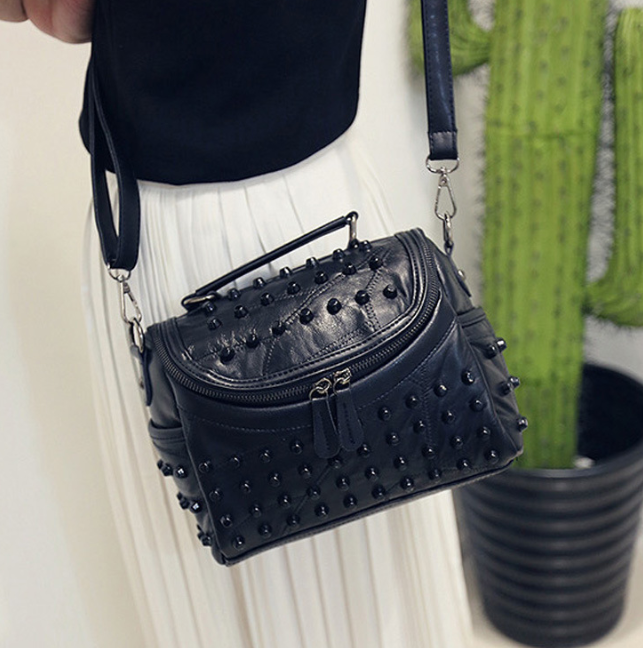 Women's Black Studded Handbag Soft PU Leather Crossbody Shoulder Bag with Rivets Trendy Box Purse 22cm for Travel Party โ image 6