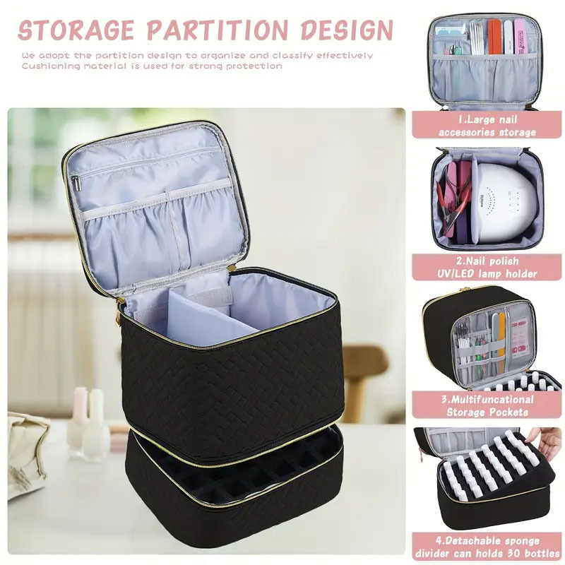 Black Professional Nail Polish Organizer Case for 30 Bottles & UV Lamp - Double-Layer Travel Storage Bag — image 4