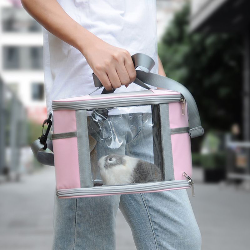 Large Small Animal Travel Bag (33*22.5*23cm) - Pink small nylon and plastic portable pet bag with shoulder strap and handle, suitable for parrots, hamsters