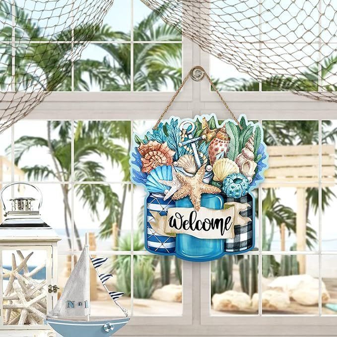 Front Door Sign, Beach Coastal Starfish Conch Coral Wood Door Hanger Outdoor Outside Porch Decor, Nautical Sword Wooden — image 4