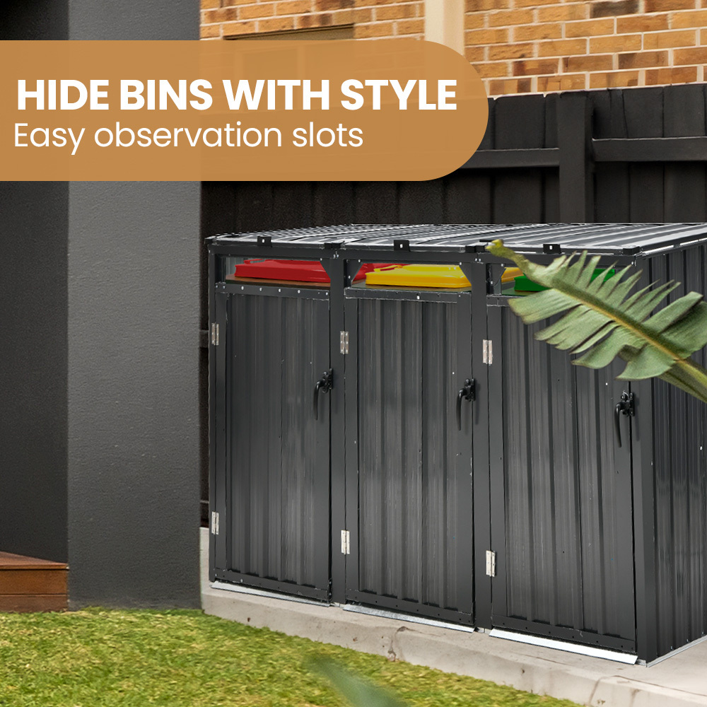 PLANTCRAFT Triple Steel Wheelie Garbage Bin Storage Shed, Enclosure with 3 Opening Doors — image 3
