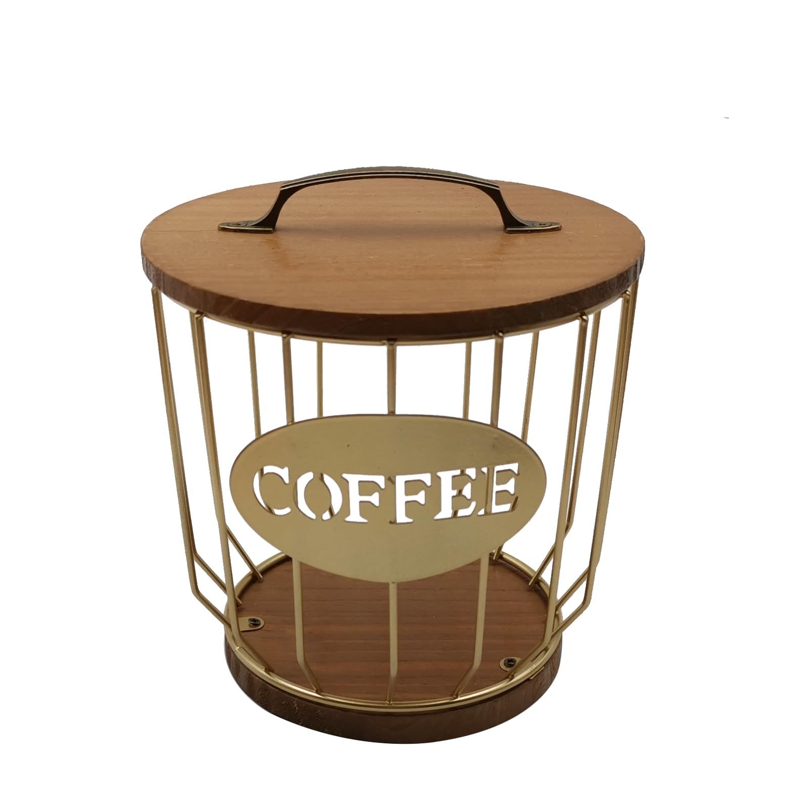 Round Coffee Pods Holder with Wooden Lid and Base, Wire Coffee Pods Storage Basket for Home Cafe Bar Countertop Decor(Gold)