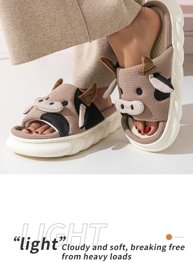 Unisex Cow Cartoon Linen Slippers: EVA Thick Sole Non-Slip Beach Sandals for Couples & Parent-Child, 7 Styles(coffee brown-43-44) โ image 2