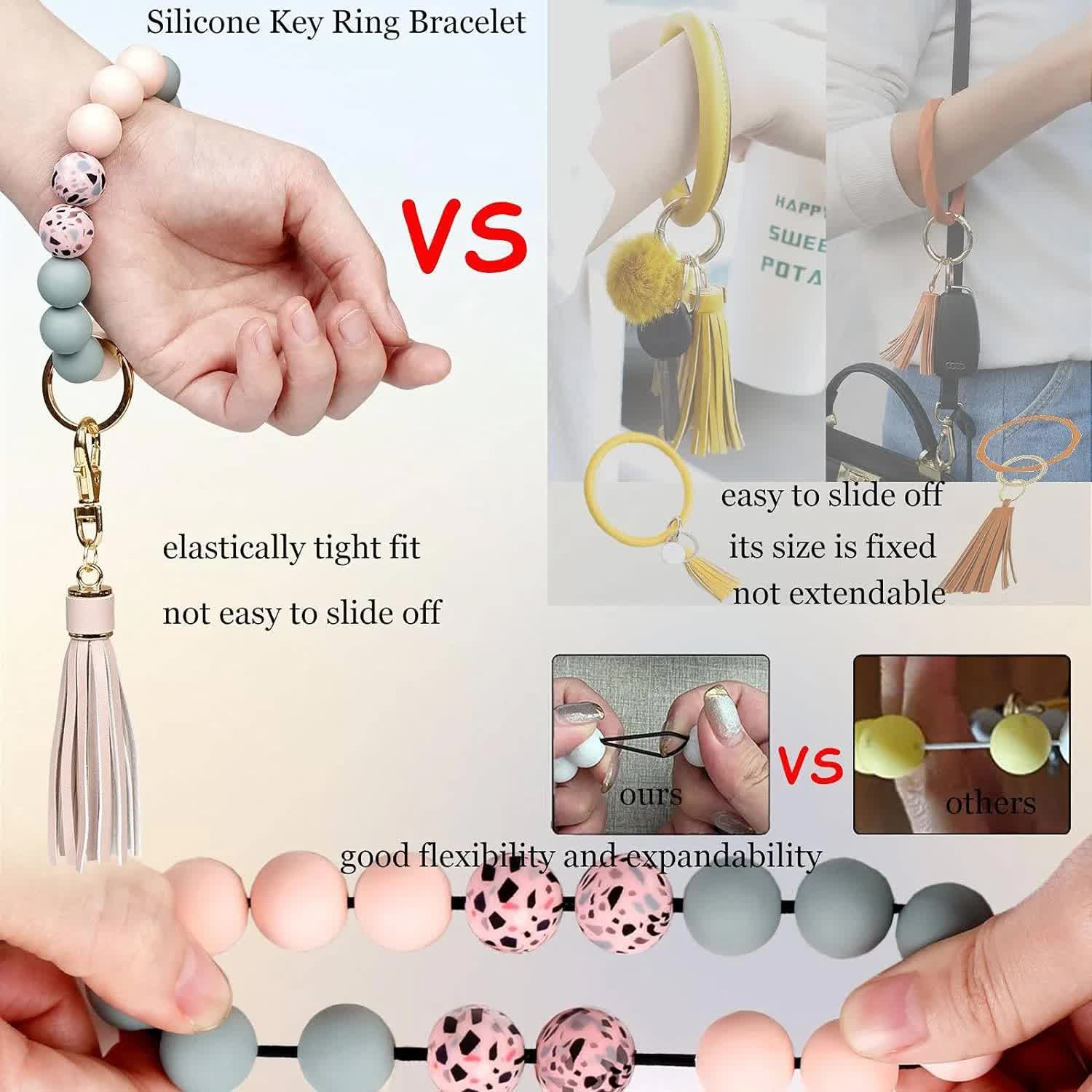 Key Ring Bracelet Car Keychain Holder Wristlet Silicone Women Beaded Bangle Chains โ image 4